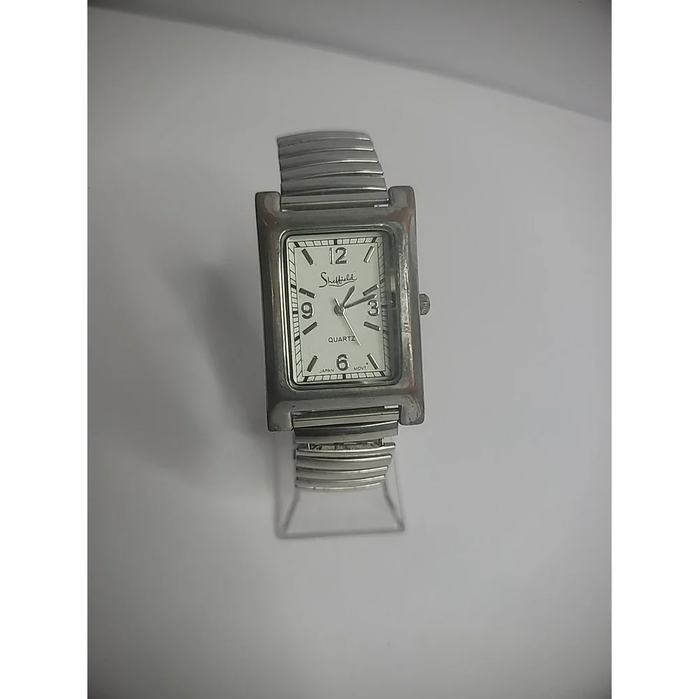 Vintage Sheffield Wristwatch Watch Silver Tone Elastic‎ Metal Band Womens